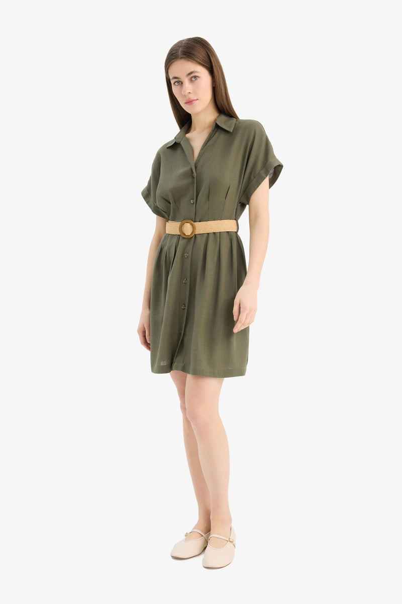DeFacto Green Woman Shirt Collar Linen Blended Batwing Mini Dress Casual - Image 3
